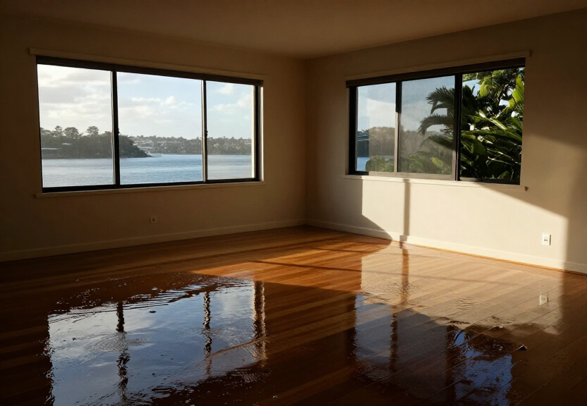 Water-damaged wall in a Kensington apartment before drying