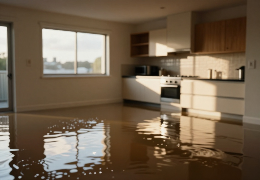 Flooded apartment in Kensington before water extraction